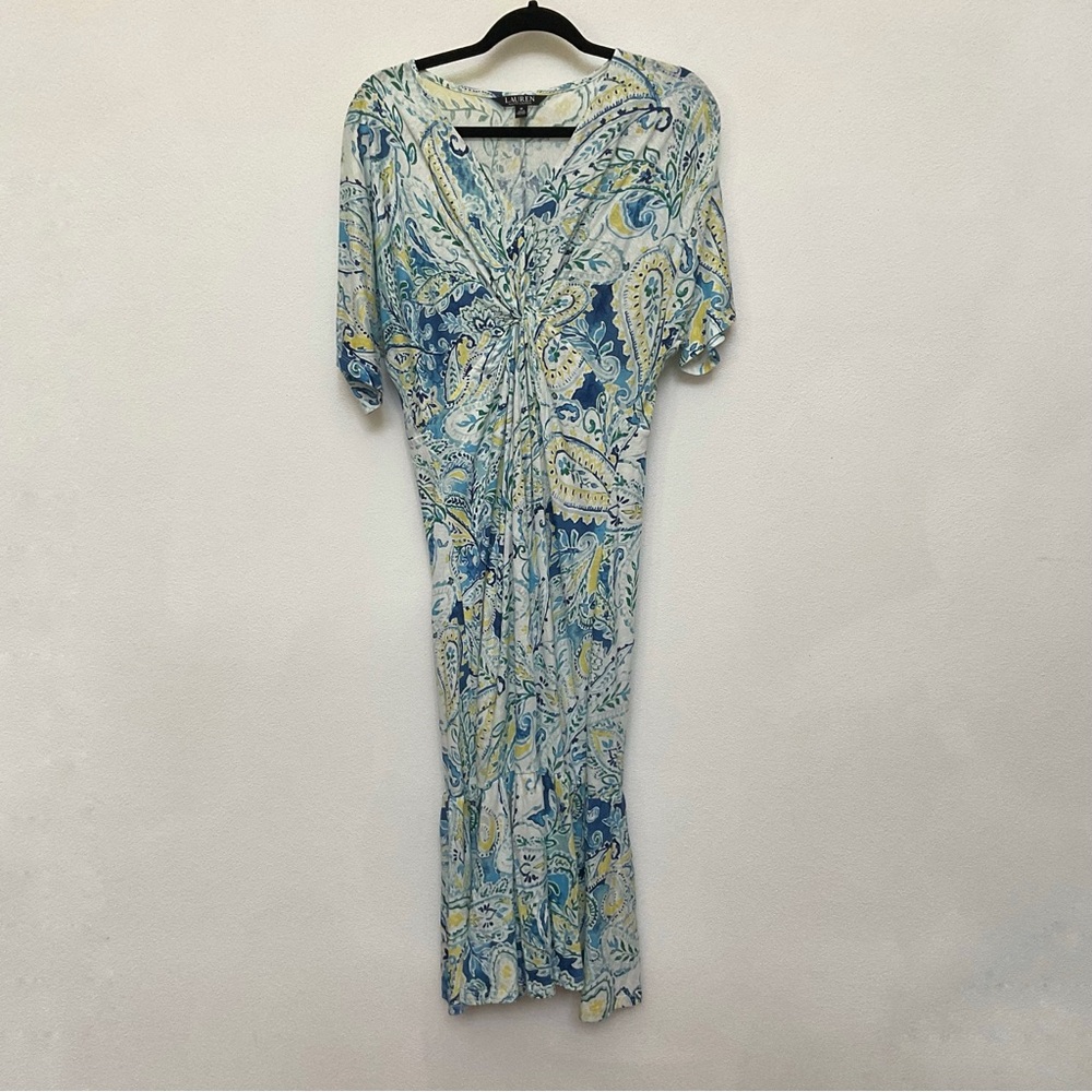 Lauren Ralph Lauren Yellow, Blue White Short Sleeve Twist Front Maxi Dress Med